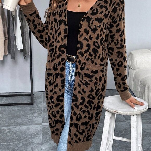 Brown Casual Women's Long Sleeve Leopard Print Long Cardigan Sweater - Picture 4 of 6